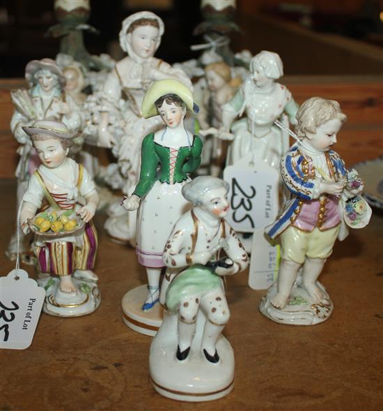 7 Continental porcelain figures, various & a pair of figural candlesticks (faults)